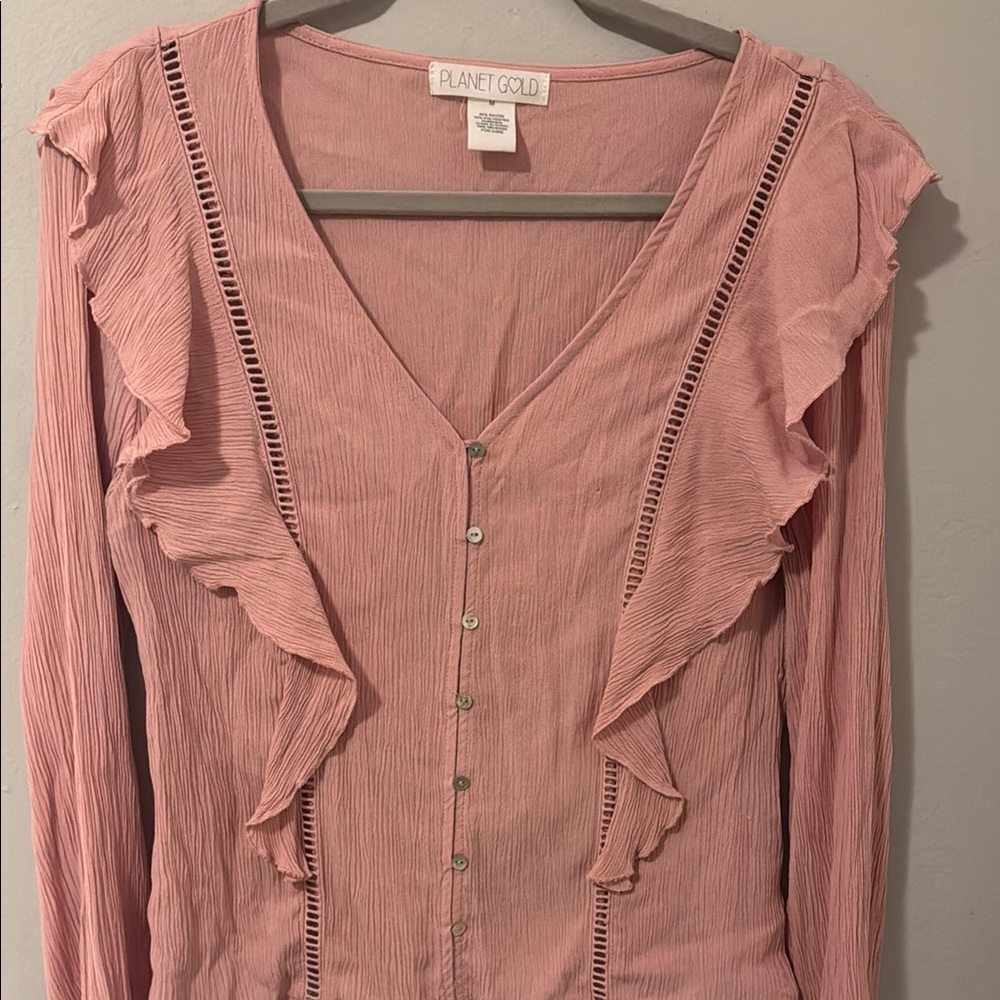 Planet Gold Pink Ruffled Long Sleeve Blouse